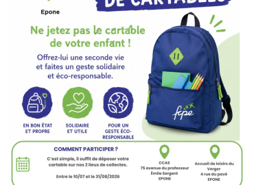 Ne jetez pas le cartable de votre enfants !   Offrez-lui une seconde vie et faites un geste éco-responsable !   ENSEMBLE DONNONS LE SOURIRE À D'AUTRES ENFANTS ! Ne jetez pas le cartable de votre enfants !   Offrez-lui une seconde vie !   1 cartable propre et en bon état 1 geste solidaire et utile 1 geste éco-responsable
