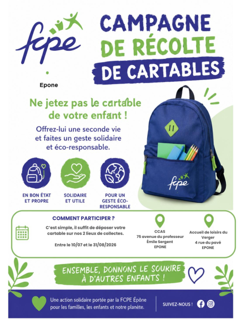 Ne jetez pas le cartable de votre enfants !   Offrez-lui une seconde vie et faites un geste éco-responsable !   ENSEMBLE DONNONS LE SOURIRE À D'AUTRES ENFANTS ! Ne jetez pas le cartable de votre enfants !   Offrez-lui une seconde vie !   1 cartable propre et en bon état 1 geste solidaire et utile 1 geste éco-responsable