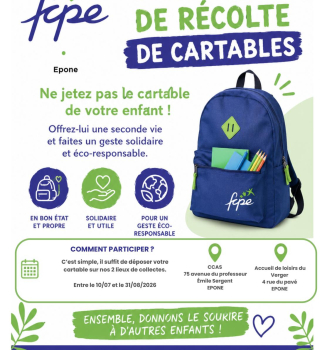 Ne jetez pas le cartable de votre enfants !   Offrez-lui une seconde vie et faites un geste éco-responsable !   ENSEMBLE DONNONS LE SOURIRE À D'AUTRES ENFANTS ! Ne jetez pas le cartable de votre enfants !   Offrez-lui une seconde vie !   1 cartable propre et en bon état 1 geste solidaire et utile 1 geste éco-responsable