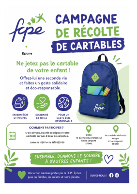 Ne jetez pas le cartable de votre enfants !   Offrez-lui une seconde vie et faites un geste éco-responsable !   ENSEMBLE DONNONS LE SOURIRE À D'AUTRES ENFANTS ! Ne jetez pas le cartable de votre enfants !   Offrez-lui une seconde vie !   1 cartable propre et en bon état 1 geste solidaire et utile 1 geste éco-responsable