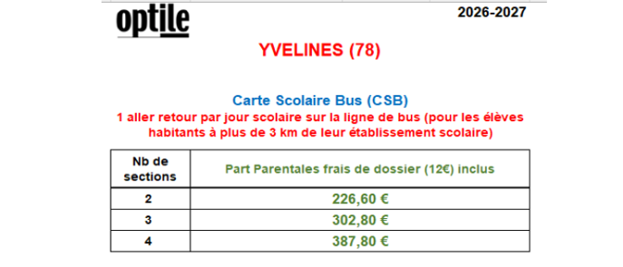 tarifs OPTILE 2026/2027